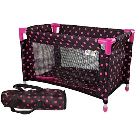 Black and Pink Doll Bed with Blanket, Pillow & Carry Bag