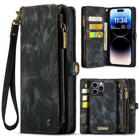 [QD] Wallet Case med magnetisk aftageligt cover [8 kortpladser] iPhone 14 Pro Max Wallet Clutch med håndledsrem (Sort)