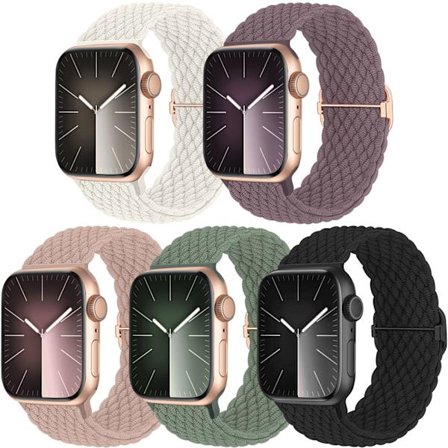 5-pakkauksen punottu Solo Loop -yhteensopiva Apple Watch -ranneke 40 mm 38 mm 41 mm naisille ja miehille, säädettävä nyloninen venyvä elastinen 