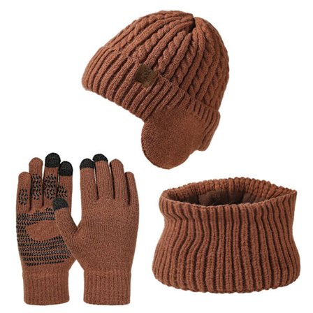 Unisex Vinterhue, Halstørklæde og Handsker Sæt, Fleeceforet Øreklaphue med Touchscreen Handsker, Varmt 3-delt Strikket Tilbehør til Mænd og K