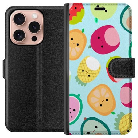 Kompatibelt Lommeboketui til Apple iPhone 16 Pro Mønster av kawaii-frukter som jordbær sitron ananas og avocado på lyseblå bakgrunn