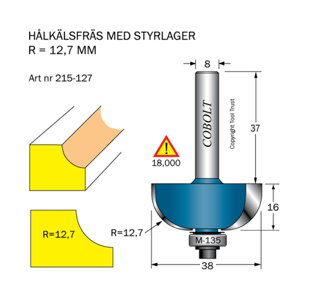 Cobolt 215-127 Hulkilfres R=12,7 D=38 L=16, Maskintilbehør & forbruk