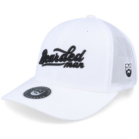 Bearded Man - Vit trucker Keps - Retro Script Logo White Trucker @ Hatstore