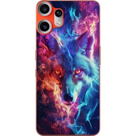 Kompatibelt Mobilskal till Nothing Nothing CMF Phone 2 Pro Intensiv varg med blå och orange eld runt ansiktet, kraftfull fantasyillustration med magi