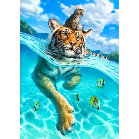 5D Diamantmaleri Tiger og Kat Voksen Diamantkunst, Tiger Diamant Kit Børn Komplet, DIY Diamant Rhinestone Korssting Krystal Maleri Væg Dekoration