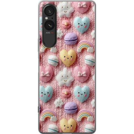 Yhteensopiva Puhelinkuori Sony Xperia 5 V Pastellimotiiivi sydämillä, pilvillä, sateenkaarilla ja makaronseilla vaaleanpunaisella taustalla suloisessa