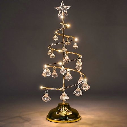 Juletre i krystall, 33 cm, bordjuletre, juledekorasjon, juletrelampe med LED og krystallanheng (gull)