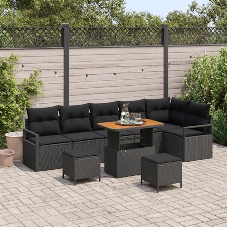 Trädgårdsoffset med kudde 9 pcs Svart Poly rattan
