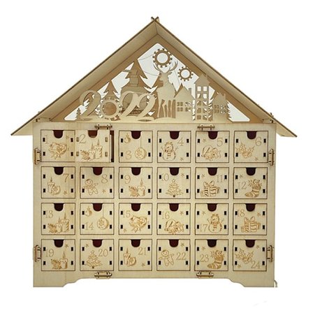 Julekalender i træ med LED-lys 24 opbevaringsskuffer