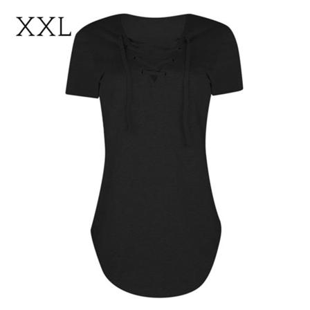 Dam T-shirt V-hals Snörning Topp Kortärmad Causal Lös