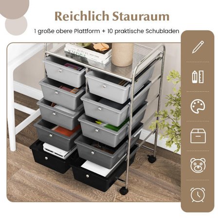 Opbevaringsvogn med 10 skuffer, låsbare hjul