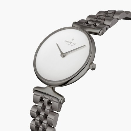 Nordgreen Women's Minimal Analogue Danish Watch - Silver Case - White Dial - 32mm Gun Metal 5-link Strap White Dial Unika