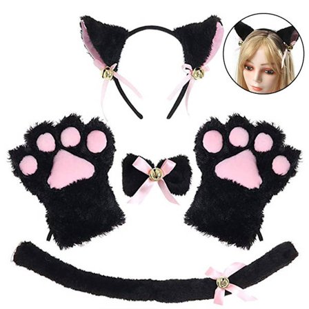 Kattkostym Halloween Plysch Huvudbonad Klipp Öron Fluga Svans