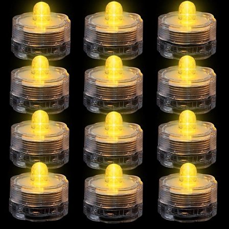 Liekkittömät LED-tuikkukynttilät, 12 kpl; Mini-upotusvalot paristolla, vedenpitävät LED-lammikkolamput, sopivat lammikko- ja allasjuhliin, keltainen