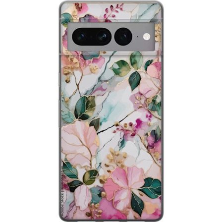 Yhteensopiva Puhelinkuori Google Pixel 7 Pro Abstrakti marmorikuvio kukilla, lehdillä ja kultaisilla yksityiskohdilla pehmeissä pastellisävyissä