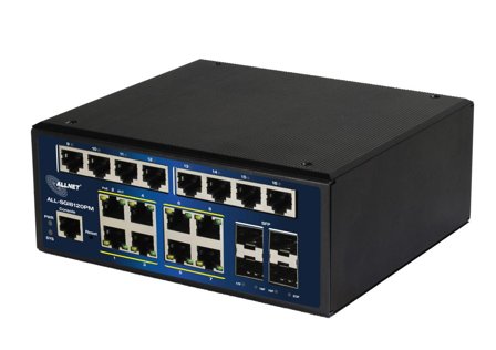 ALLNET Switch industrial full managed Layer2+ 20 Port • 20x GbE • PoE Budget 240W • 8x PoE at • 8x GbE • 4x SFP • DIN • Fanless • ALL-SGI8120PM