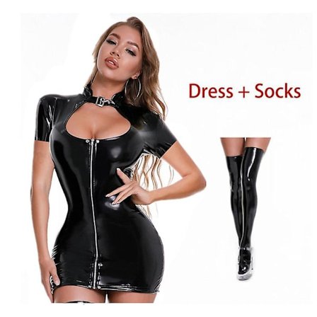 Sexig Wetlook Lackklänning Kvinnor Kort Mini Bodycon Bröst Exponerande Smal PVC Latex Nattklubbsklänningar med strumpa