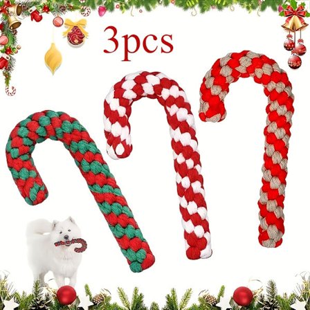 3 stk. Jule Pet Tyggleker, Hundetyggleker, Sukkerstang Tauleker, Interaktive Tauleker og Julepynt, Tyggtreningsleker, K, C[D]