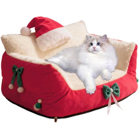 Kattbädd med julmotiv – Mysig fåtölj med tomteluva, vila för husdjur, juldekorativ möbel för hem & balkong_TF_TF