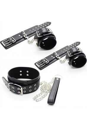 Handcuff & Collar Kit Double Pin Black Hand och fotbojor - Blushme.se