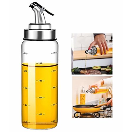 Olivenoljedispenserflaske, 3 dl eddikdispenser (med dryppfri tut), og kjøkkenglassflaske med måleskala.