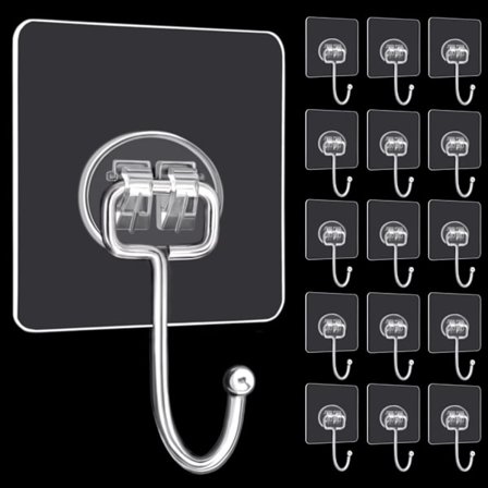 Suuret liimakoukut, 16 kpl, enimmäispaino 15 kg, kestävät liimakoukut, itseliimautuvat, jäljettömät, kirkkaat seinäkoukut avaimenperiä ja pyyhkeitä 