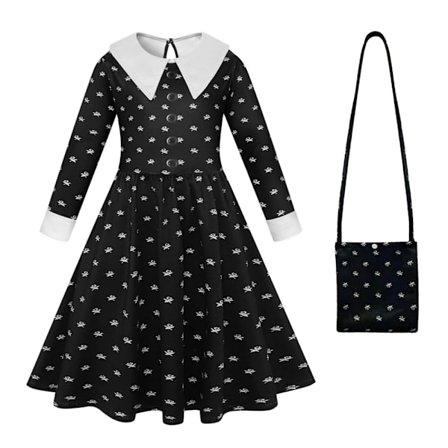 Mordely Kids Wednesday Adams Dress + Bag Girl's Roll Play Kostym
