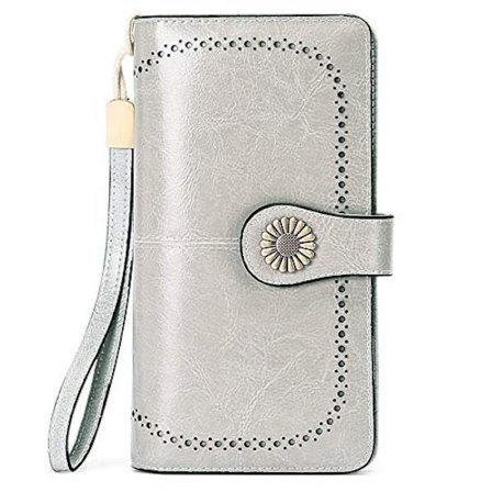 Aveki Wallets For Women Leather Credit Card Holder With Rfid Blocking Large Capacity Wristlet, 1-wax-grey