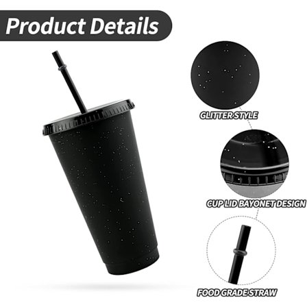 Återanvändbar plastkopp 5 st färgade akrylglas med lock och sugrör i plast Bulk Iced Plast Kall Vatten Tumbler Kaffe Muggar (svart)