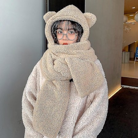 3 i 1 lue, skjerf og hanske sett vinter varm søt bjørn ører plysj hette lue casual solid tykk bomull ull kvinner lue ny (FMY)