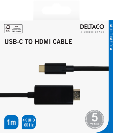 Deltaco USB-C - HDMI cable, 4K UHD, gold plated, 1m, black