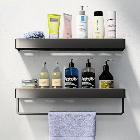 Sæt med 2 brusehylder uden boring Badeværelseshylde med håndklædestang, aluminiumsophængningshylde, sort