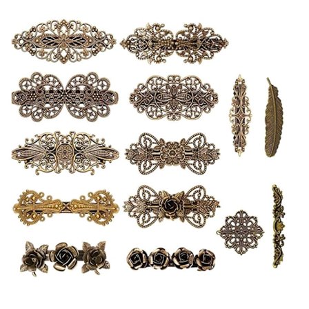 14 Dele Franske Hårklemmer Vintage Bronze Hårklemmer Roseblomster Bølger Fjerkrone til Kvinder eller Piger Valentinsdagsgave