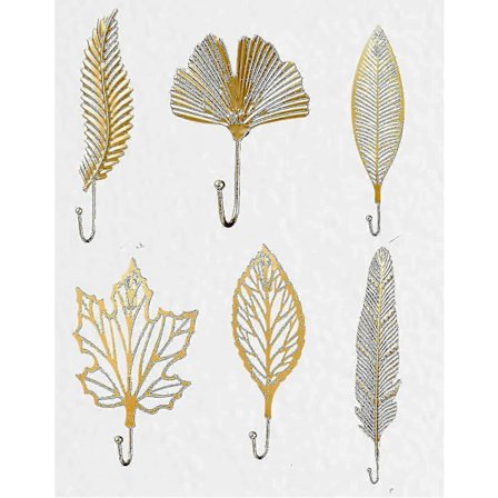 Dekorativa väggkrokar i guld, set om 6 i lyxig bladstil. Vackra dekorativa krokar för rumsorganisation