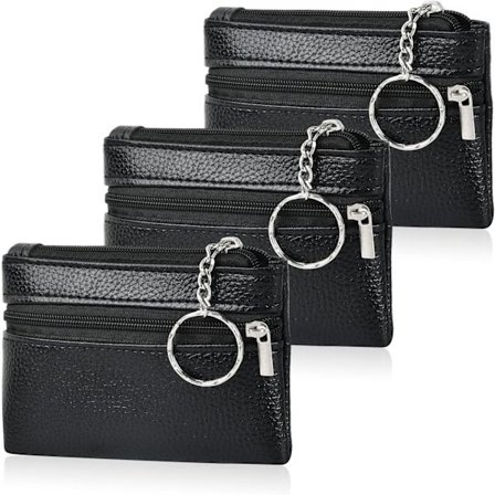 3 stk. nøkkeletui sett, lær materiale, unisex liten nøkkeletui med glidelås, 2 separate rom, mini nøkkeletui, svart nøkkelring