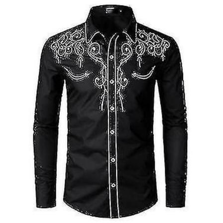 Western Cowboyskjorta för män Broderad långärmad Casual Slim Fit Button Down-skjorta black XL
