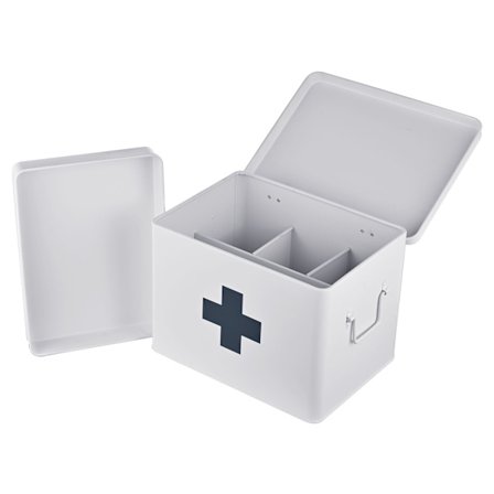 Metallinen lääkesäilytyslaatikko, jossa 4 lokeroa