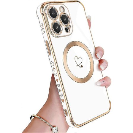 (Hvid) Telefoncover til iPhone 14 Pro Max,] Sødt hjerteformet magnetisk telefoncover med guldbelagt kant, Stødsikkert silikonecover (FMY)