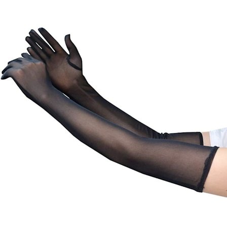 55cm Dam Mesh Genomskinliga Långa Handskar med Hela Fingrar Skira Operahandskar Stretchiga Vantar Svart