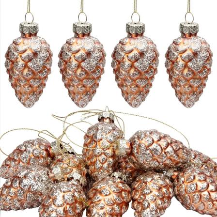 12 stk julekule i glass med kongle - Håndmalte julekuler i glass med glitter - Glitrende kongle julepynt til juletreet