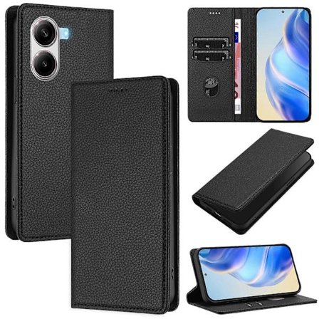 Til Xiaomi Poco X7 Pro 5G Wallet Case RFID-blokering Litchi Tekstur Læder Mobilcover Sort [DB]