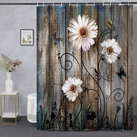 Country Duschdraperi Set Grå Blommig Tyg Duschdraperi 12