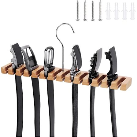 Vaatekaapin vyönauha, 2 in 1 puinen seinälle kiinnitettävä vyöjärjestäjä, vyöteline kääntyvällä koukulla, kravatti- ja vyöjärjestäjä vaatekaappiin, 