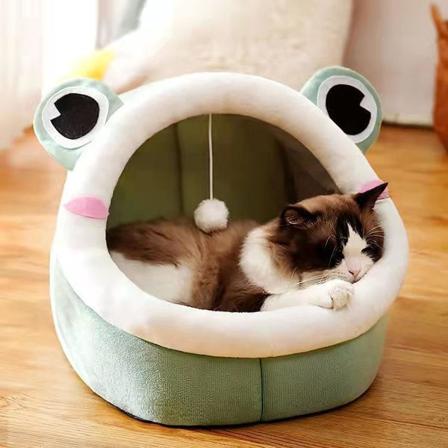 Koselig kattehule seng for valp kattunge kanin søt kattetelt hus med hengende ball kattetelt for liten katt med avtagbar pute (frosk)