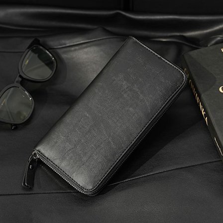 (Svart) Herre lommebok lang glidelås PU-skinn multifunksjonell