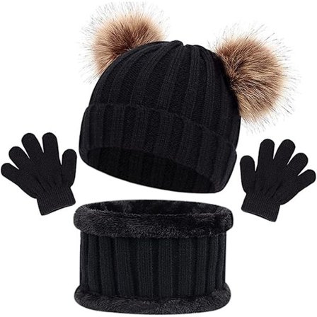 Skjerf, lue og votter-sett for barn 1-6 år, gutter og jenter, vinter, søte, varme votter, skjerf, strikket lue med dusk, holder varmen