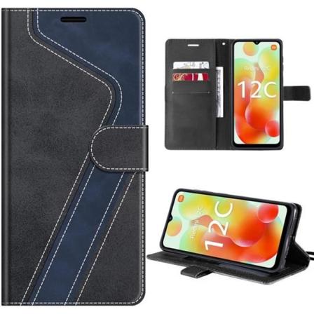 Etui til Xiaomi Redmi 12C-11A, splejset mønster PU læder magnetisk etui med kortholder og justerbart stativ - sort-marineblå Svart, Marinblå