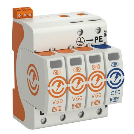 Obo Bettermann 5093533 Overspenningsvern for anlegg med askebeskyttelse Type: V50-3+NPE+FS-280, med fjern, 4 poler, Stikkontakter & kabler