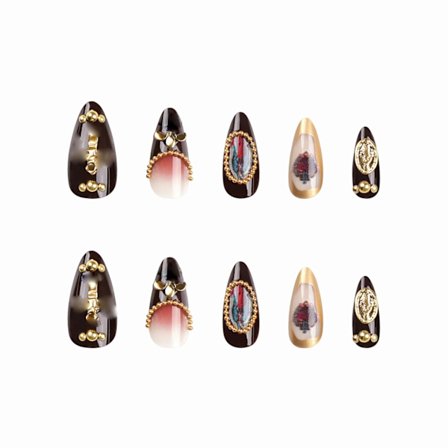 Mandel Press-on Naglar Medium Falska Naglar Vit Fransk Spets Limma på Naglar 3D Textur Vattenvåg Akrylnaglar Söt Boll Sliver,FNn01Brown