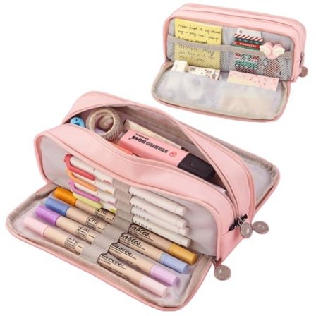 Pencil Case med stor kapacitet, 3-rums taske, penalhus, skole, pink